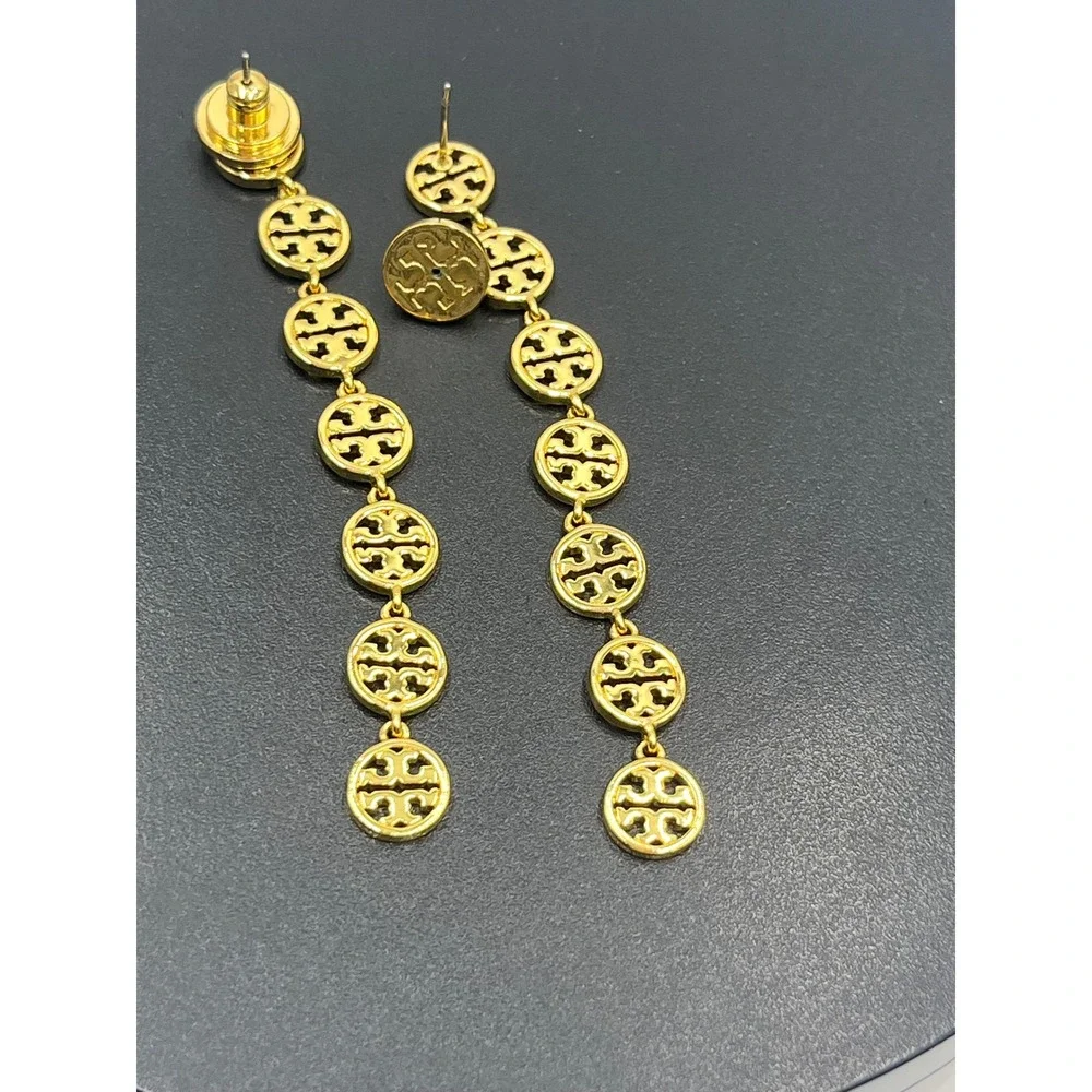 Tory Burch Gold Plated Logo Patchwork‎ Drop Linear Dangle Earrings With Backs